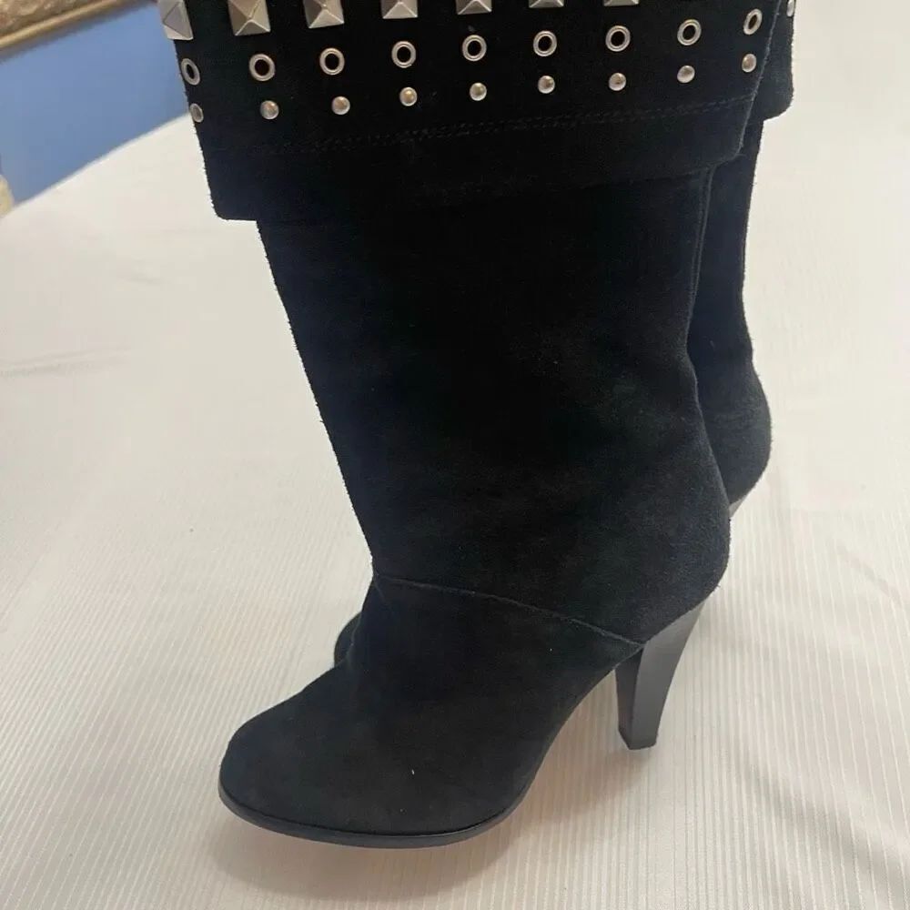 Michael Kors Boots Marabelle Black Studded Suede Heeled Booties Size 6.5 6 1/2